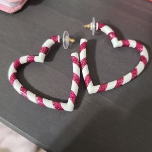 Betsey Johnson heart earrings. Pink and white stripe